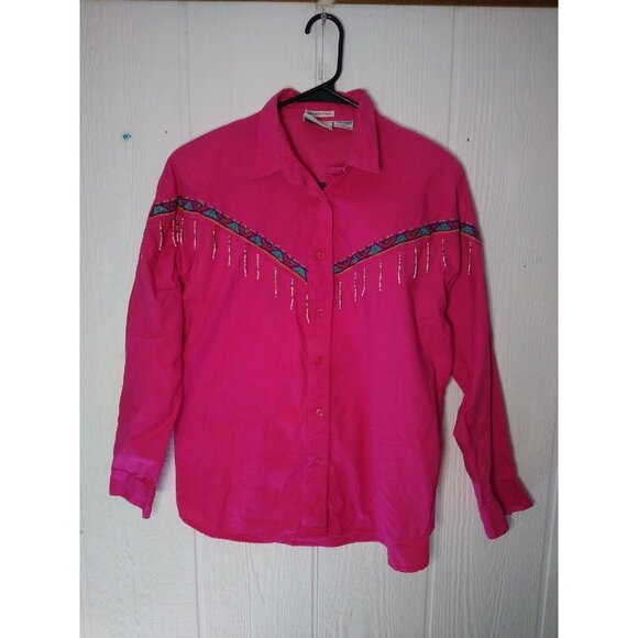 Vintage Side Saddle Women's L Button Down Western Shirt Southwestern Pink Beads - Picture 1 of 5